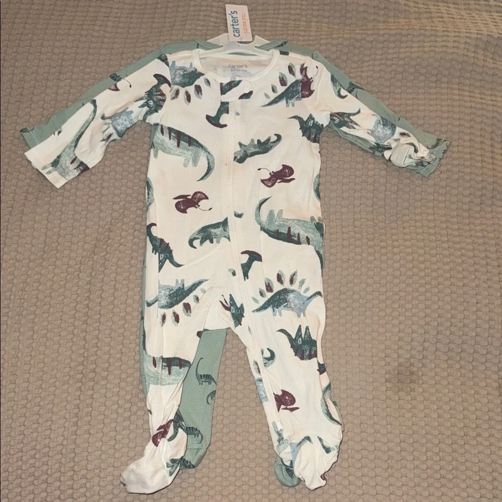 2 Carter's Dino Print Footed One-Piece in White, Green & Maroon 9 months
